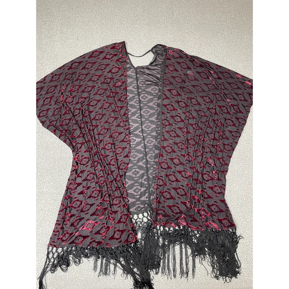 ASTR Black purple Crushed Velvet IKAT Aztec Fringe Shawl Wrap Kimono